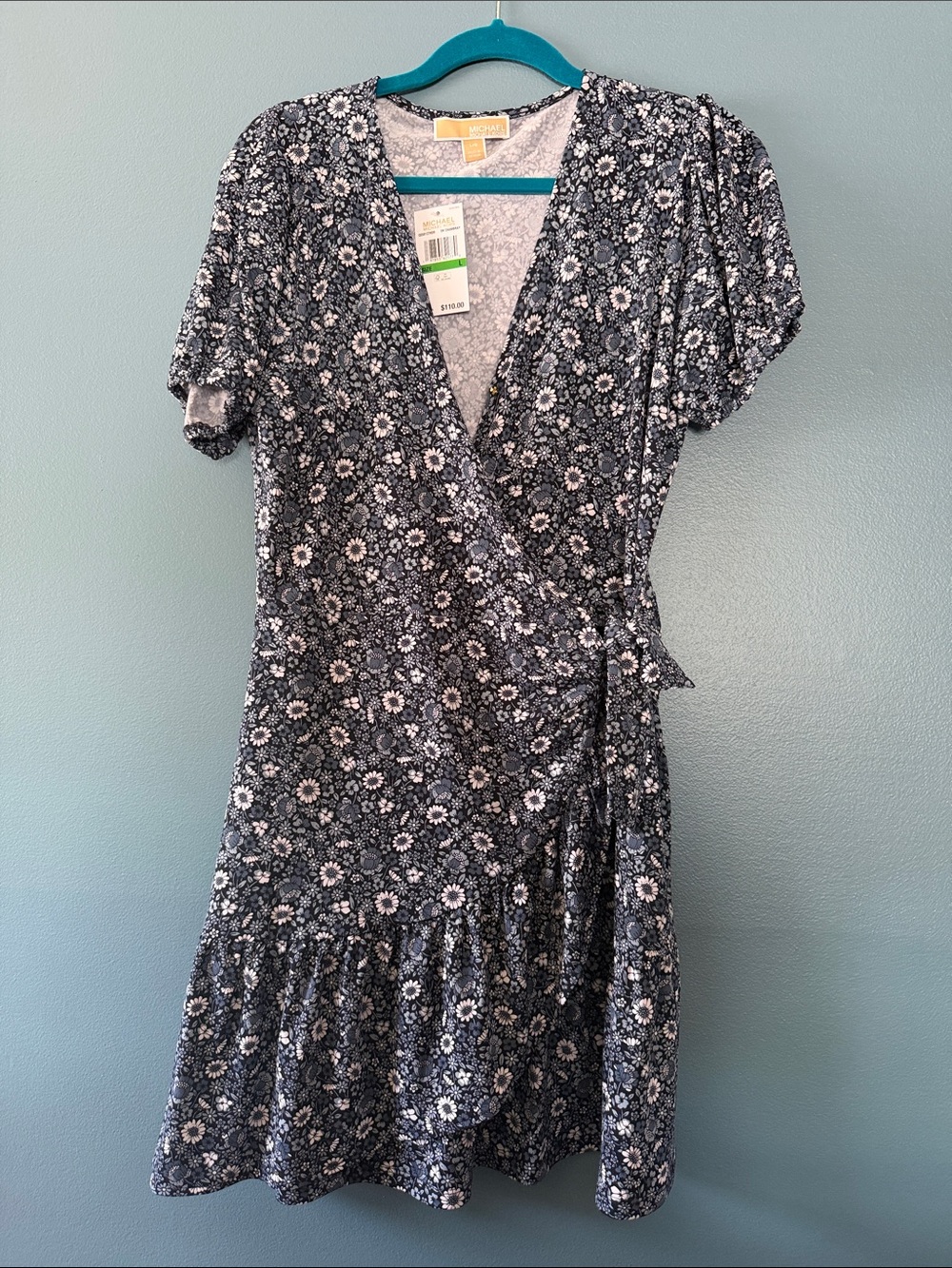 Michael Kors Navy and White Floral Wrap Mini Dress